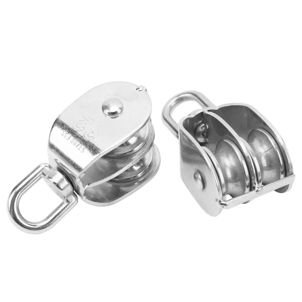 2pcs M32 Double Pulley Block 304 Stainless Steel 360 Degree Rotation Roller Wheel Pulley Swivel Hook Pulley Lifting Crane