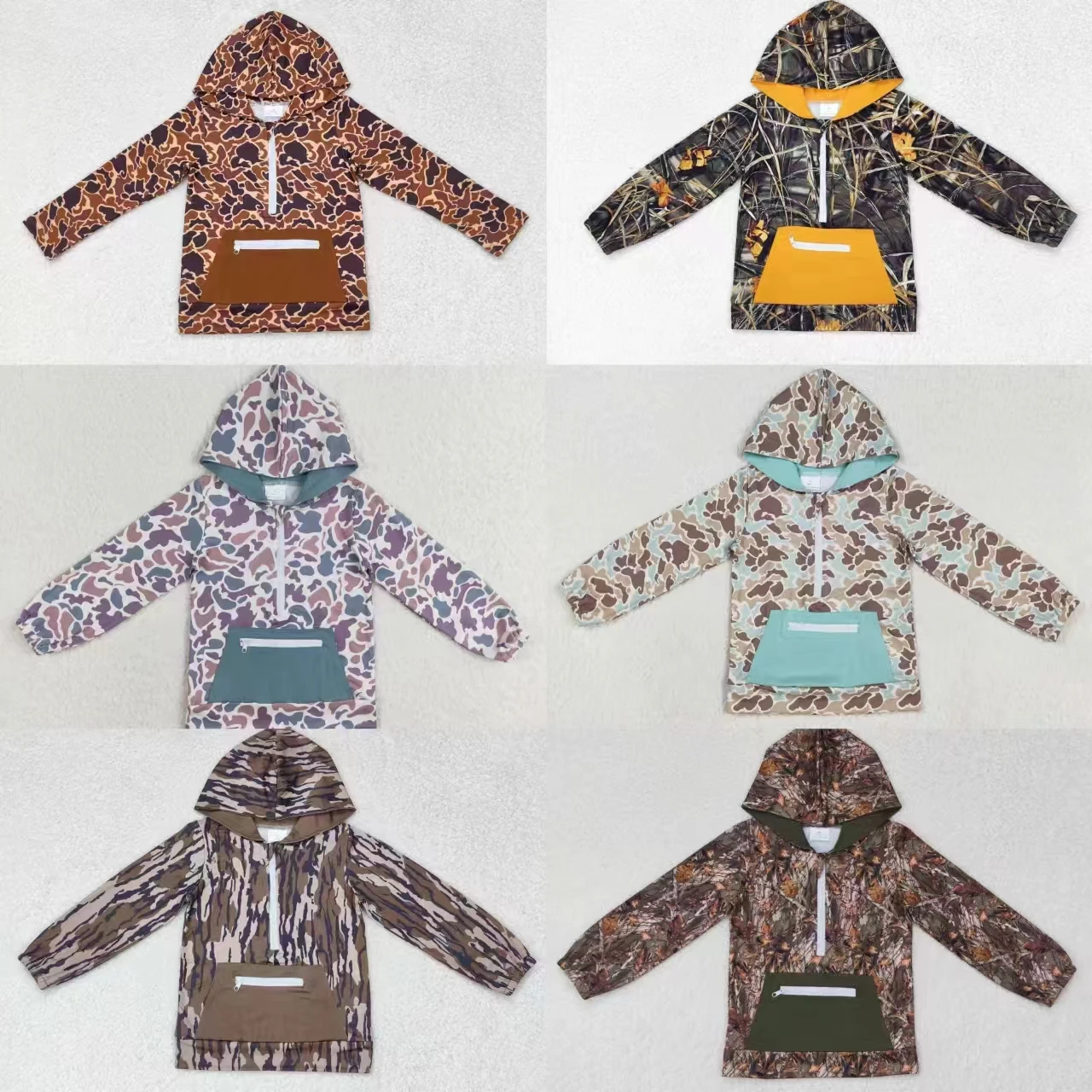 Wholesale Toddler Long Sleeves Hoodie Shirt Kids Baby Boy Camo Print Sweatshirt Children Hooded Zipper Orange Pocket Sportswear