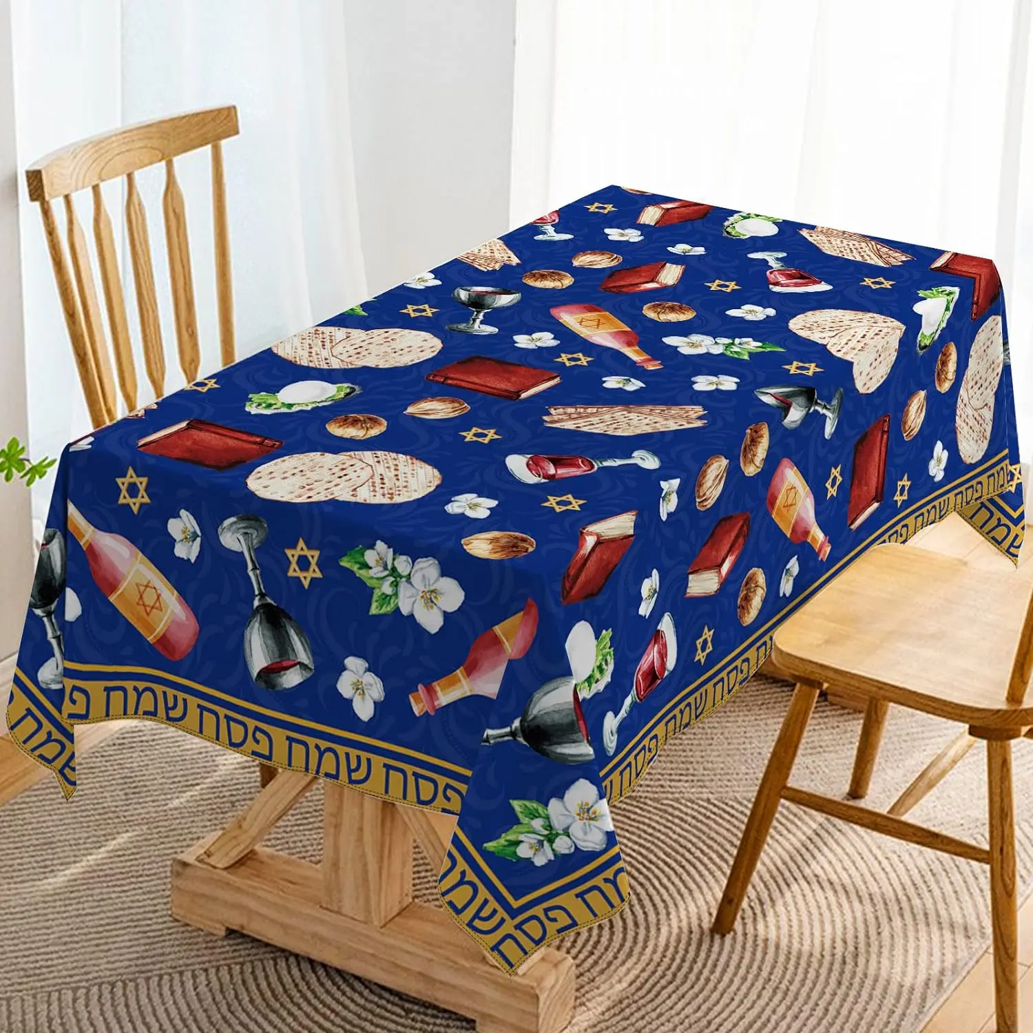 Passover Tablecloth Matzo Red Wine Pesach Seder Jewish Festival Tablecover Durable Home Holiday Party Kitchen Dining Table Decor