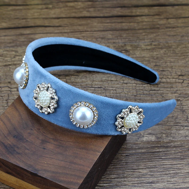 Simple crystal and pearl light blue hairband wide velvet headband for women fashion hair jewelry