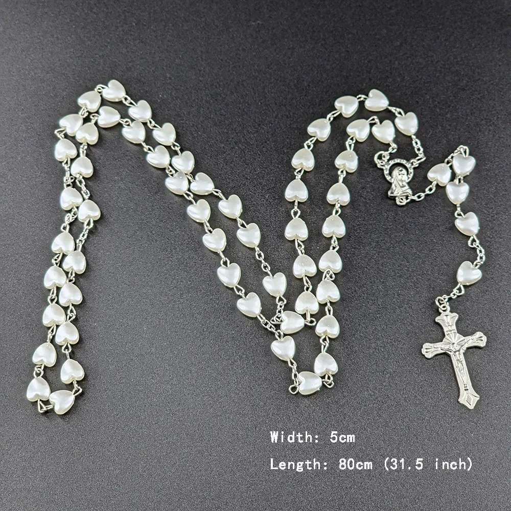White Heart Rosary Necklace For Women Virgin Mary Cross INRI Pendant Long Chain Men Religion Prayer Party Jewelry Accessories