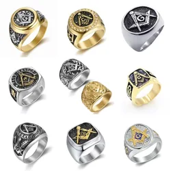 Retro Golden Silver Color Freemasonry Rings for Men Punk Stainless Steel Hand carving Jewelry Masonic All-seeing Eye Shaped Gift