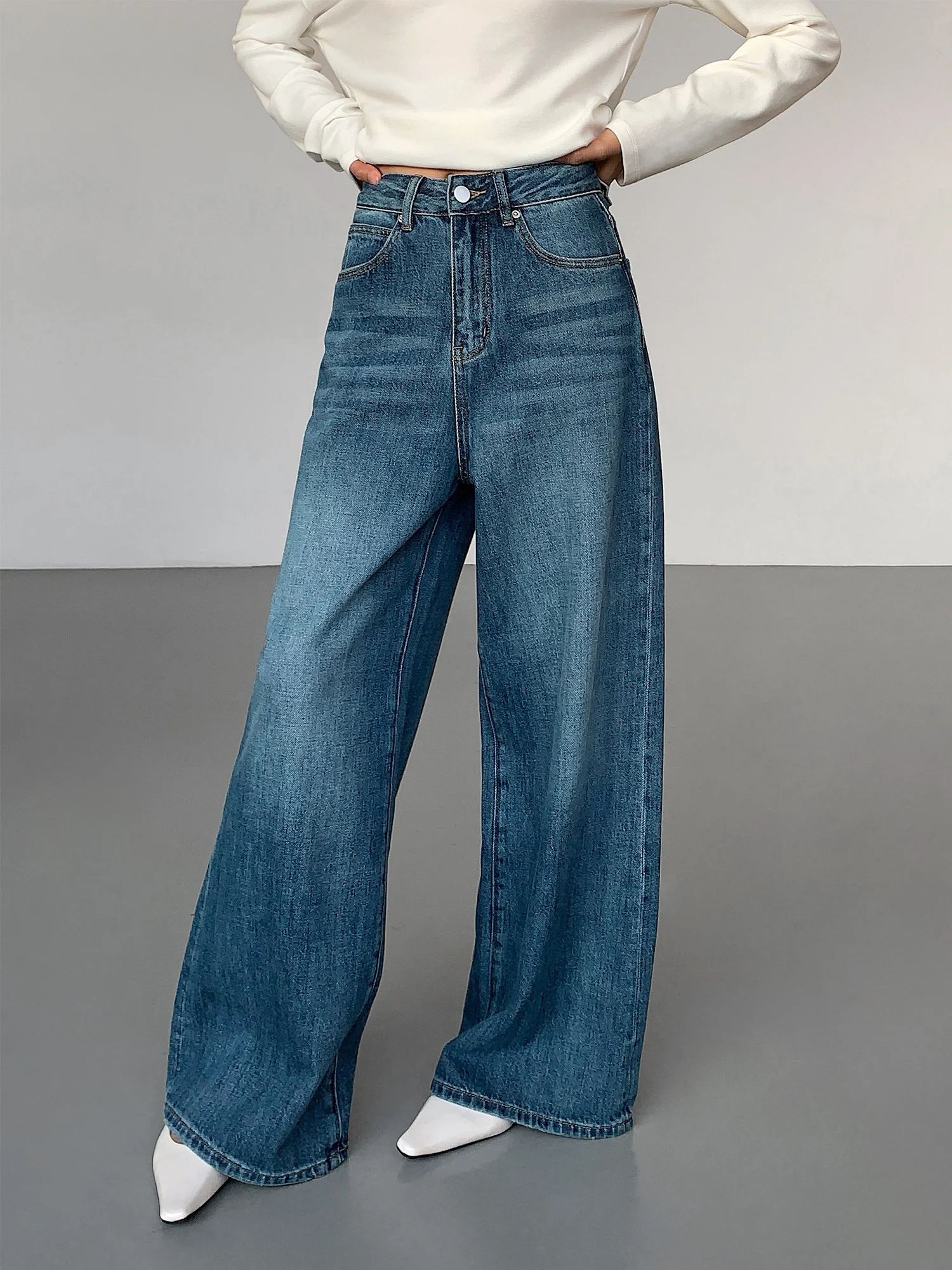 

Свободные широкие синие джинсы, женские повседневные прямые хлопковые длинные брюки, осень-зима, новый дизайн Sle Ousph Sensation, свободный крой