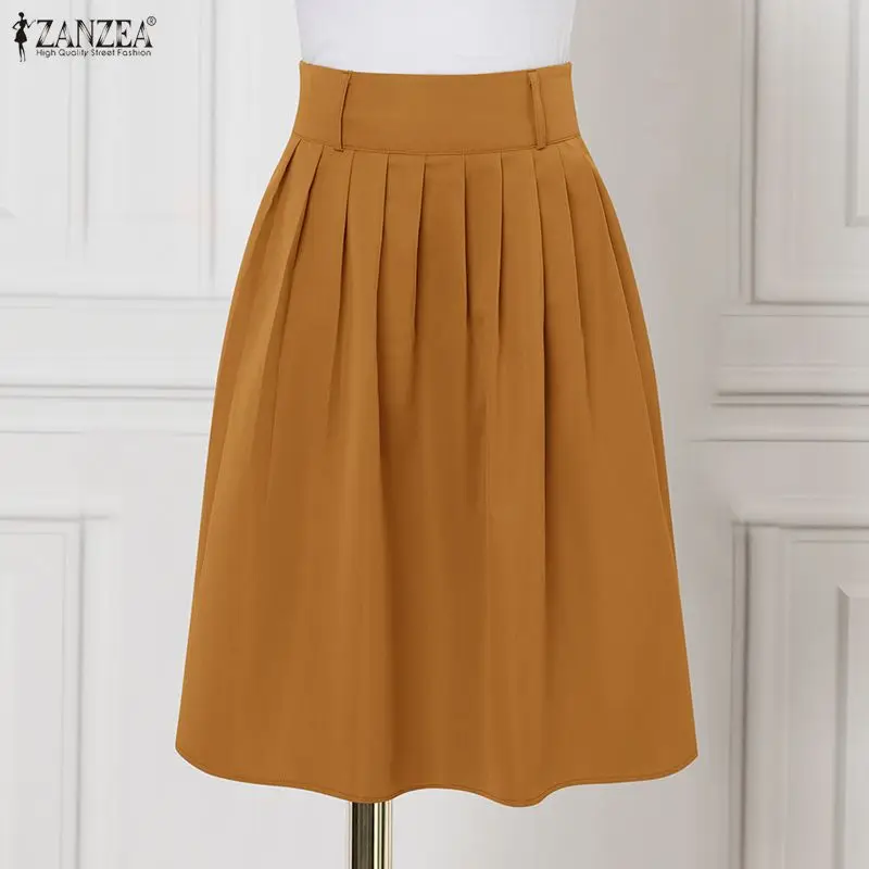 ZANZEA Elegant Women OL Work Knee Length Skirt High Waist A-Line Pleated Skirt Office Workwear Solid Faldas Saia Without Belt