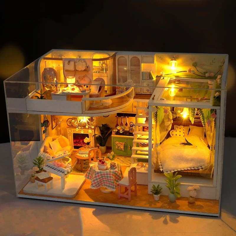 Diy flor de madeira meninas loft casas de boneca kits modelo em miniatura casa de bonecas com móveis quebra-cabeça 3d para amigos presentes aniversário