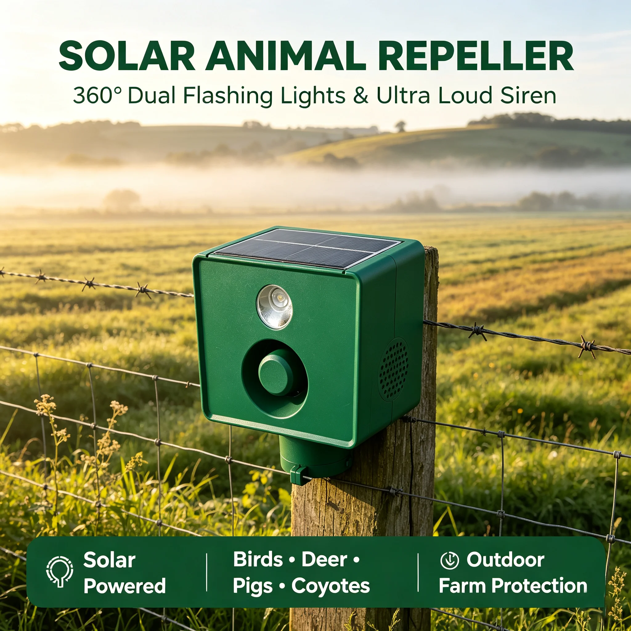 Solar Animal Repeller 360° Dual Flashing Lights Ultra Loud Siren Solar Powered Bird Deer Pig Coyote Deterrent for Outdoor Farm