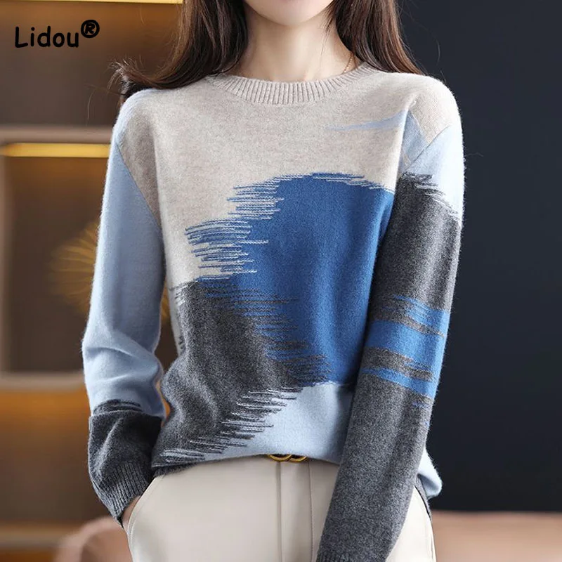 Fashion All-match Contrast Color Round Neck Sweaters Elegant Vintage Long Sleeve Knitted Tops Autumn Winter Women\'s Clothing