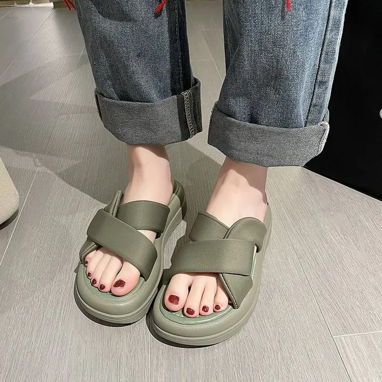 Women's Slippers 2023 New Fashion All-match Summer Open-toed Women's Sandals Solid Color Women's Slippers Square Toe Flat