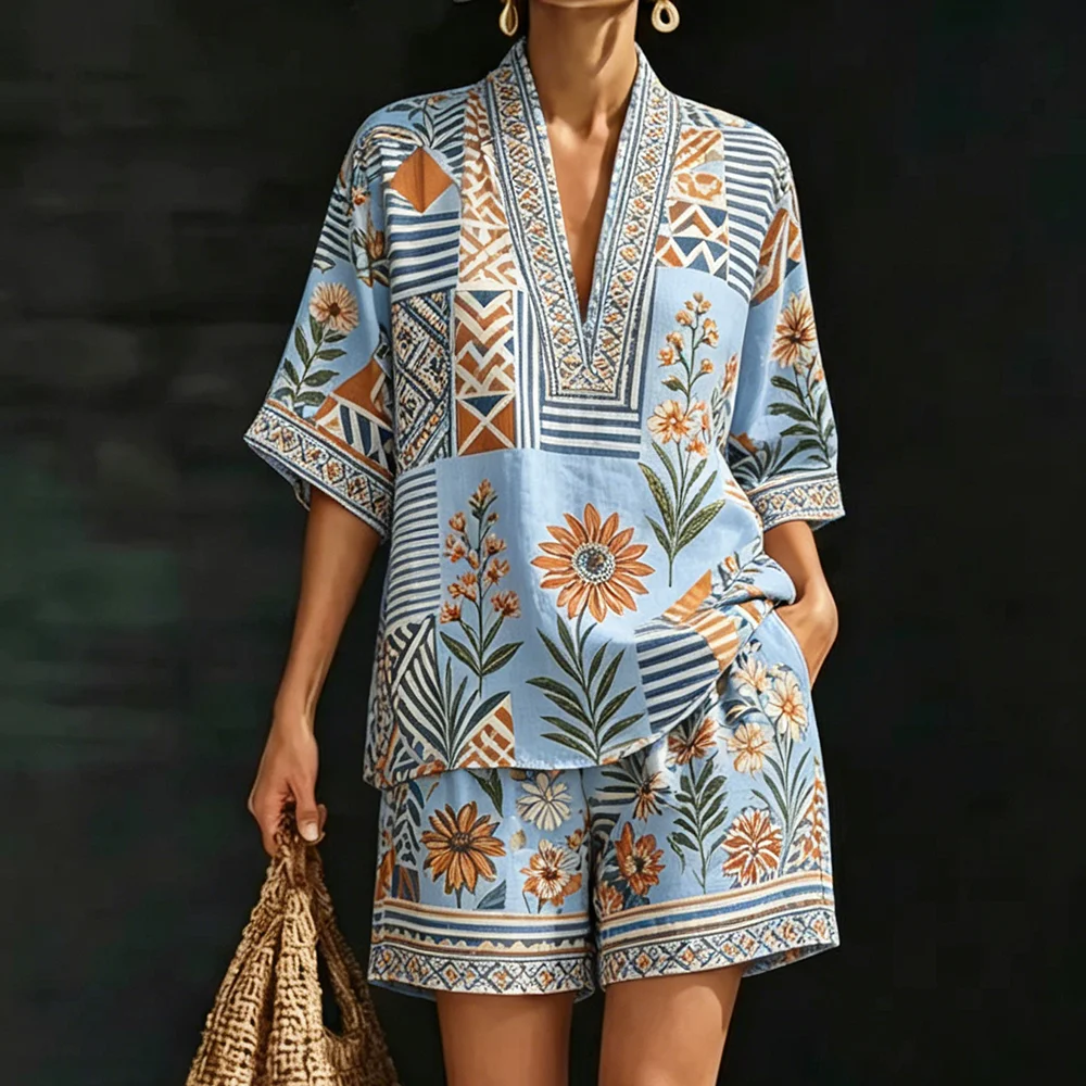 

Women's Fashion Blue Floral Printed Two Piece Set Loose Imitation Embroidery Print Top And Shorts Set Summer Boho Casual Outfit