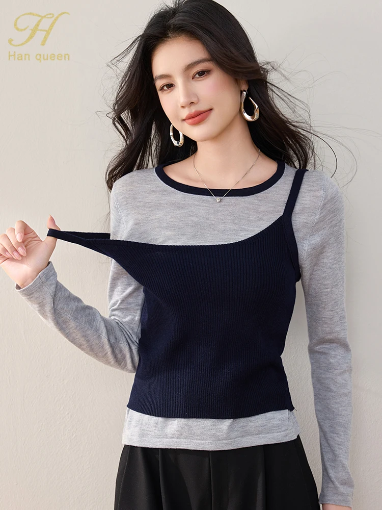 

H Han Queen Autumn Korean Chic 2 Pieces Knitted Pullover Sweater T-Shirt Women Casual Basic Long Sleeve Tee Vintage Knitwear Top