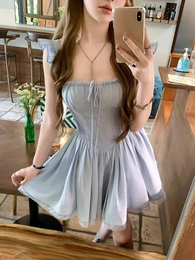 فستان حلو على الموضة الكورية الجديدة للصيف Yk2 Kawaii الجنية قطعة واحدة فستان نسائي على طراز Preppy من الدانتيل فساتين حفلات غير رسمية للسيدات