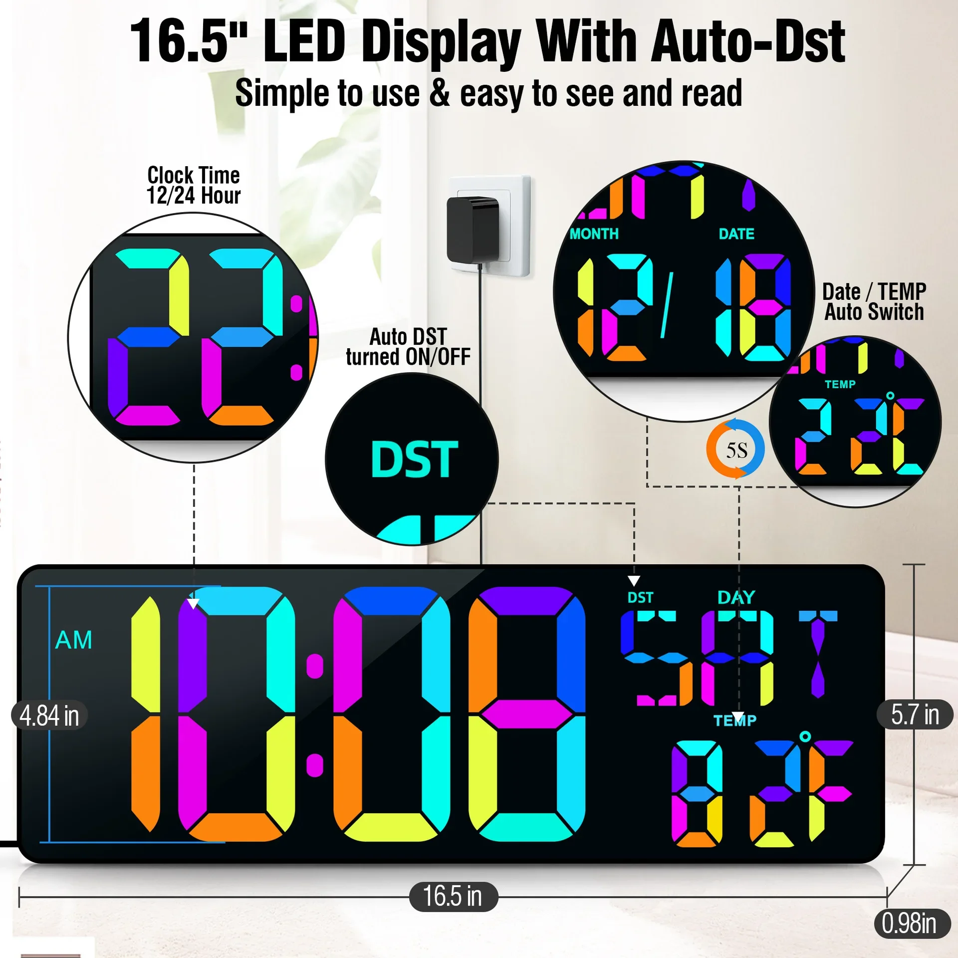 RGB Colorful Large Screen Led Wall Calendar Clock Date Temperature Display USB Power Plug Alarms Digital Clock Home Decoration