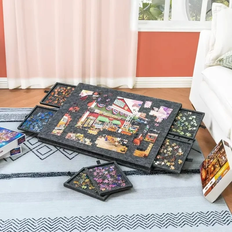 折りたたみ式フェルトパズルテーブル（子供用、6つの引き出しとカバー付き）、知育玩具アクティビティデスク、学習プレイマット