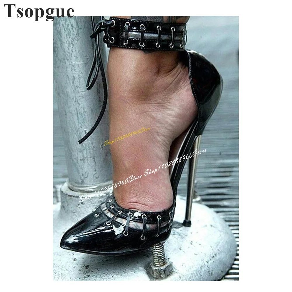 

Trending Black Splicing Cross Tied Metal Heel Pumps Thin High Heel Women Shoes Lace Up Pointed Toe 2024 Sexy Zapatos Para Mujere