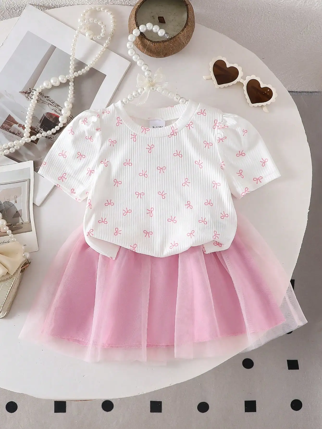 Two piece set of baby girl butterfly bow printed bubble sleeve T-shirt and mesh short skirt, sweet and cool style, cute, explosi