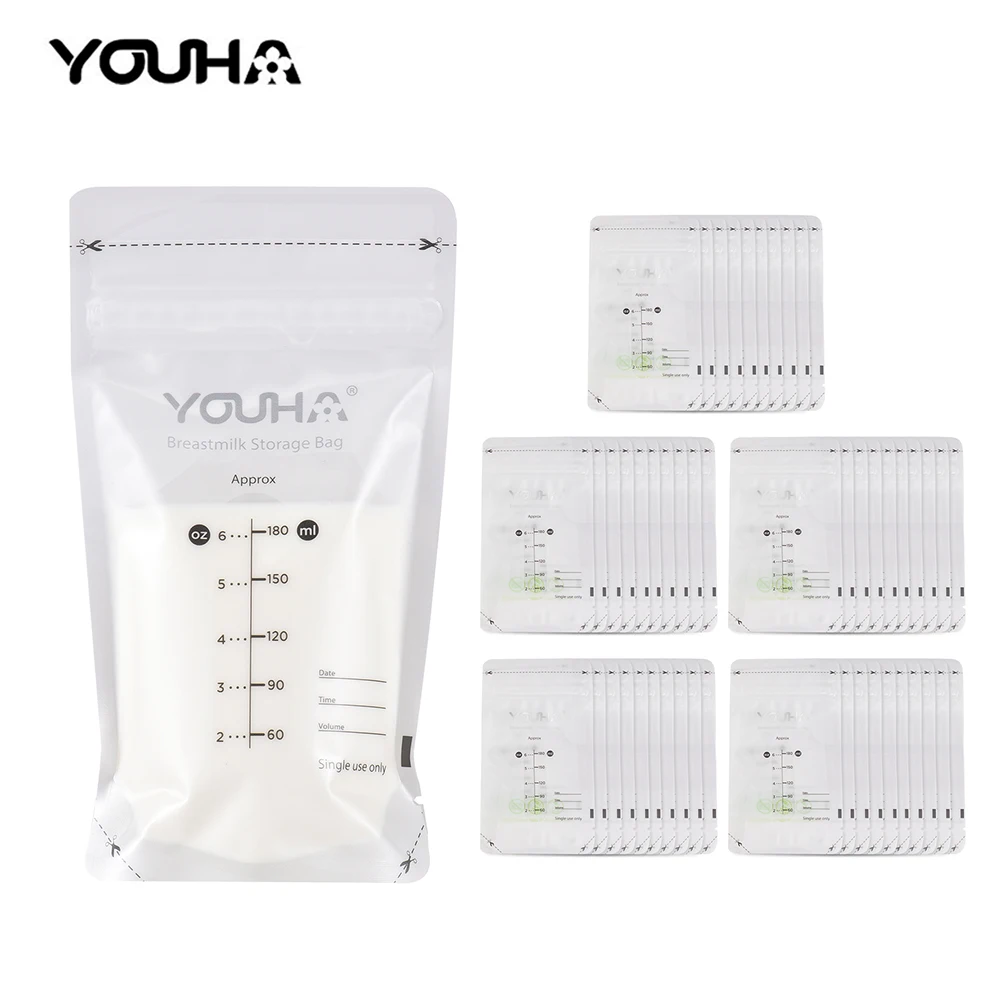 YOUHA Breastmilk Storage Bags Milk Storing Bags for Breastfeeding 180ml/6oz Capacity Pre-Sterilized BPA Free Double Zipper Seal