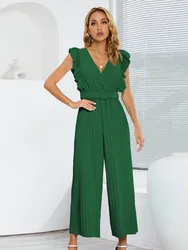 Women's Jumpsuit Long Pants Flying Sleeve V-neck High Waist Belt Cropped Fold Pants Solid Color Temperament Fashion Women's Wear
