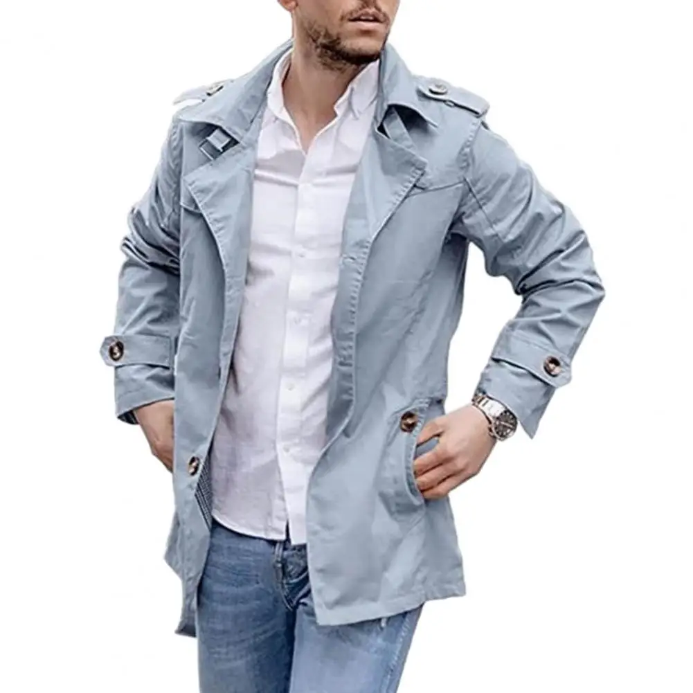 Men Trench Coat Regular Fit Coat Stylish Men's Mid Length Trench Coat Windproof Casual Streetwear Jacket with Lapel for Fall