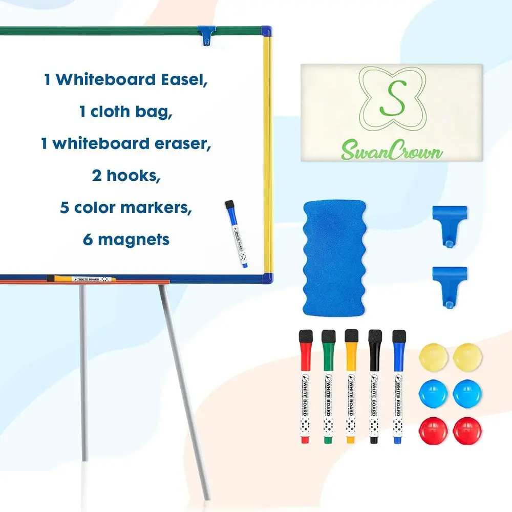 لوح مسح جاف مغناطيسي مع حامل للأطفال، 36 × 24 بوصة، سبورة بيضاء بحامل للفصل الدراسي بإطار ملون