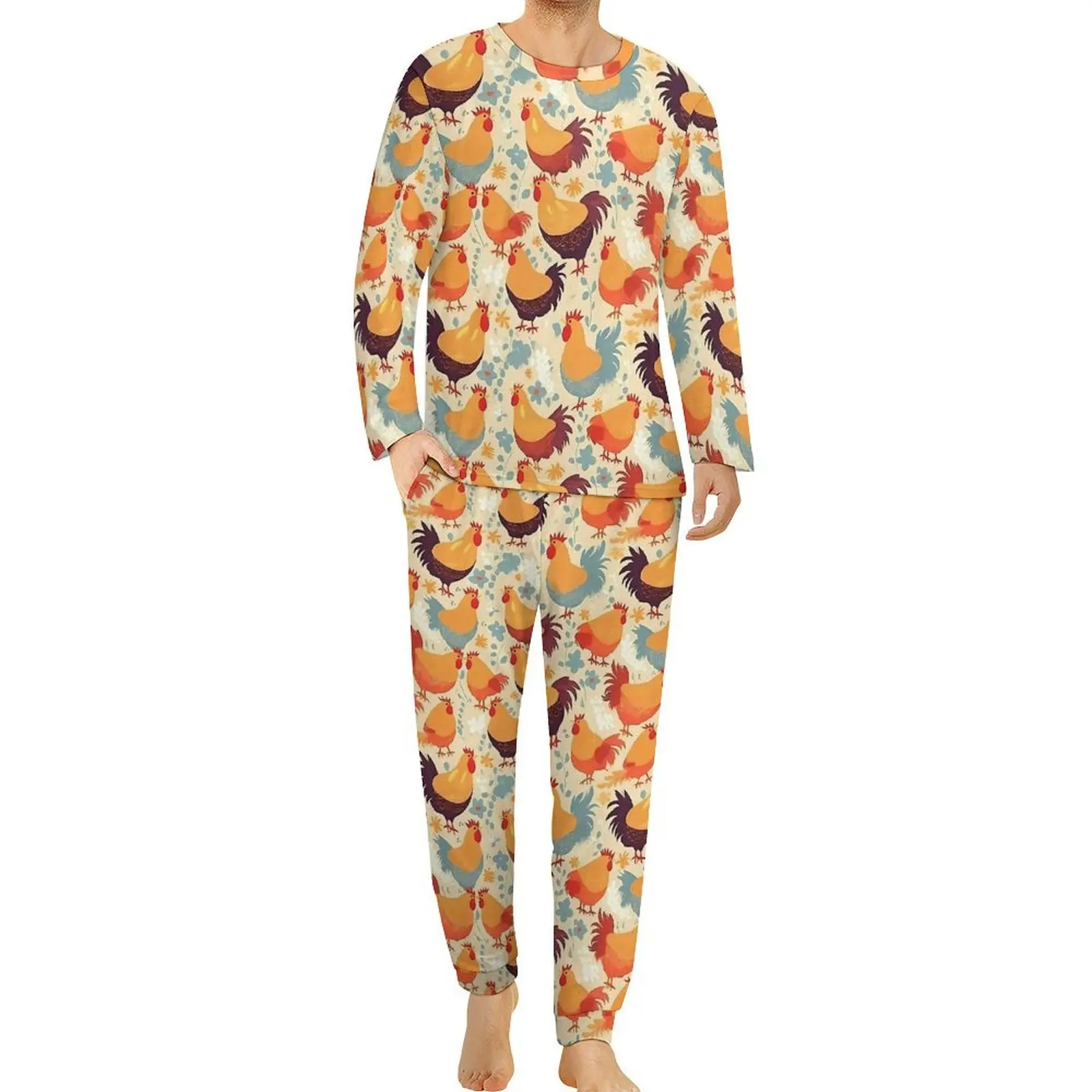 Cheerful Chickens Pajamas Spring 2 Piece Cute Animal Retro Pajama Sets Mens Long Sleeve Sleep Graphic Nightwear Big Size