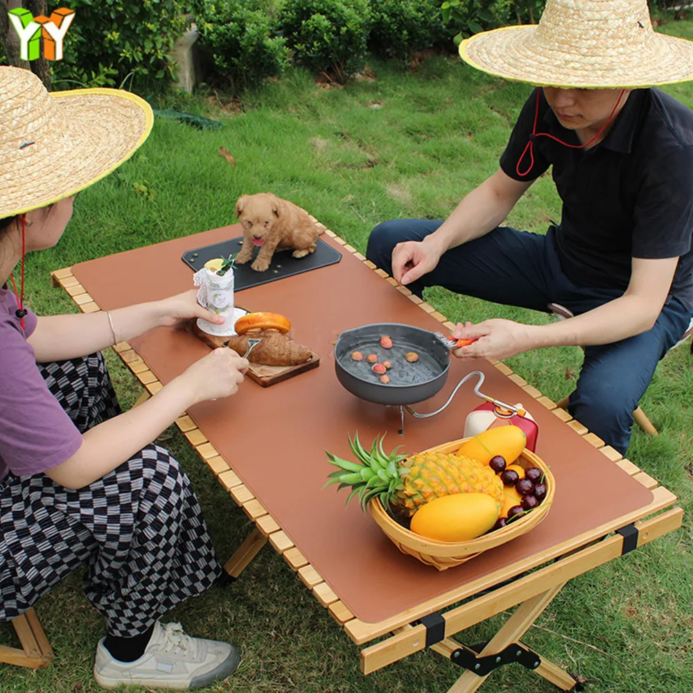 Table PU Leather Thicken Waterproof Mat Camping Wood Roll Table Mat Heat-Resistant Wooden Desk Pad For Outdoor Picnic BBQ