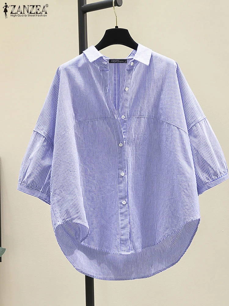 

ZANZEA Элегантная рабочая рубашка с рукавами-фонариками 3/4, осенне-летняя полосатая блузка, женские топы, туника с высоким и низким вырезом, Blusas, повседневная сорочка на пуговицах