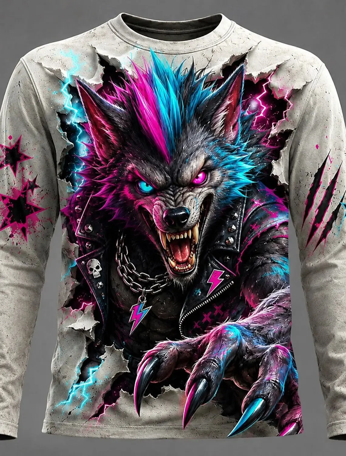 Men Werewolf Full Moon Punk Leather 3D Print Long Sleeve Gothic Casual T Shirt