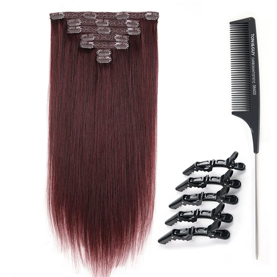 Burgundy Clip In Hair Extensions Human Hair 70g 7pcs Doublet Weft Lace Remy Hair Extensions Duck Bill Clips 5Pcs Rat Tail Comb