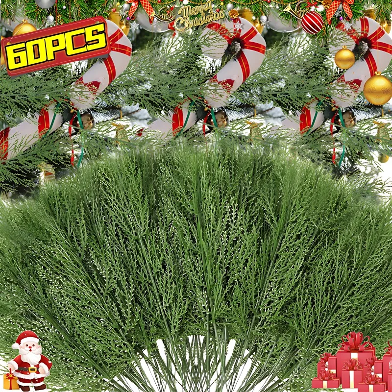 60/1Pcs Artificial Pine Leaves Branch for Home Garden Decor Plastic Cedar Branch Green Pine Stem DIY Garland Xmas Decoration