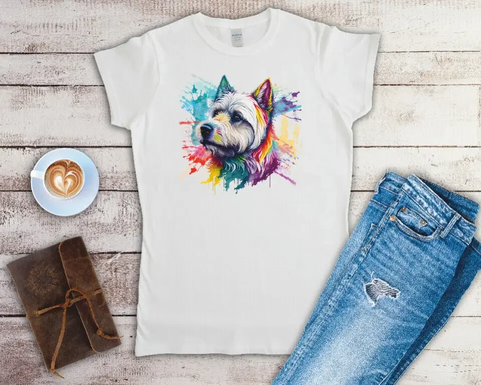 Westhighland Terrier Rainbow Westie Ladies Fitted T Shirt Sizes Small-2XL