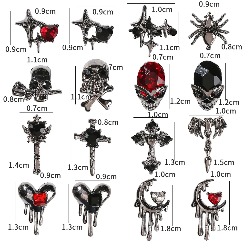 Gothic Punk Alloy 3D Nail Charms, Strass, Crystal Decor, Coração, Crânio, Cruz, Aranha, Acessórios de Jóias, Luxo, Halloween