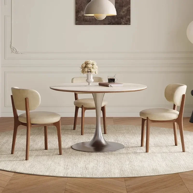 French Travertine Round Dining Table Medium Antique Retro Style Small Apartment Simple Design with Chairs Combination