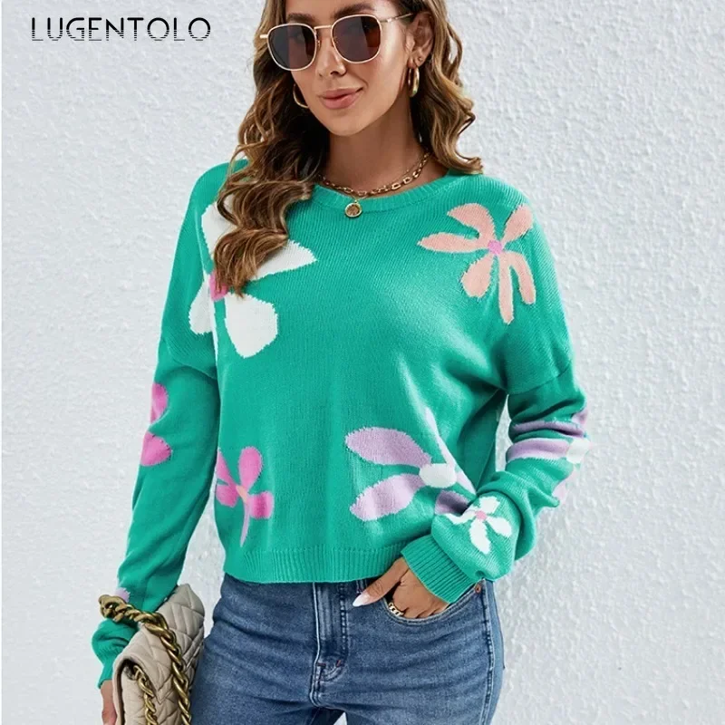 

Women Sweet Flowers Sweaters Knitted Casual Cute Loose O-neck New Autumn Lady Fashion Pullover Short Clothing