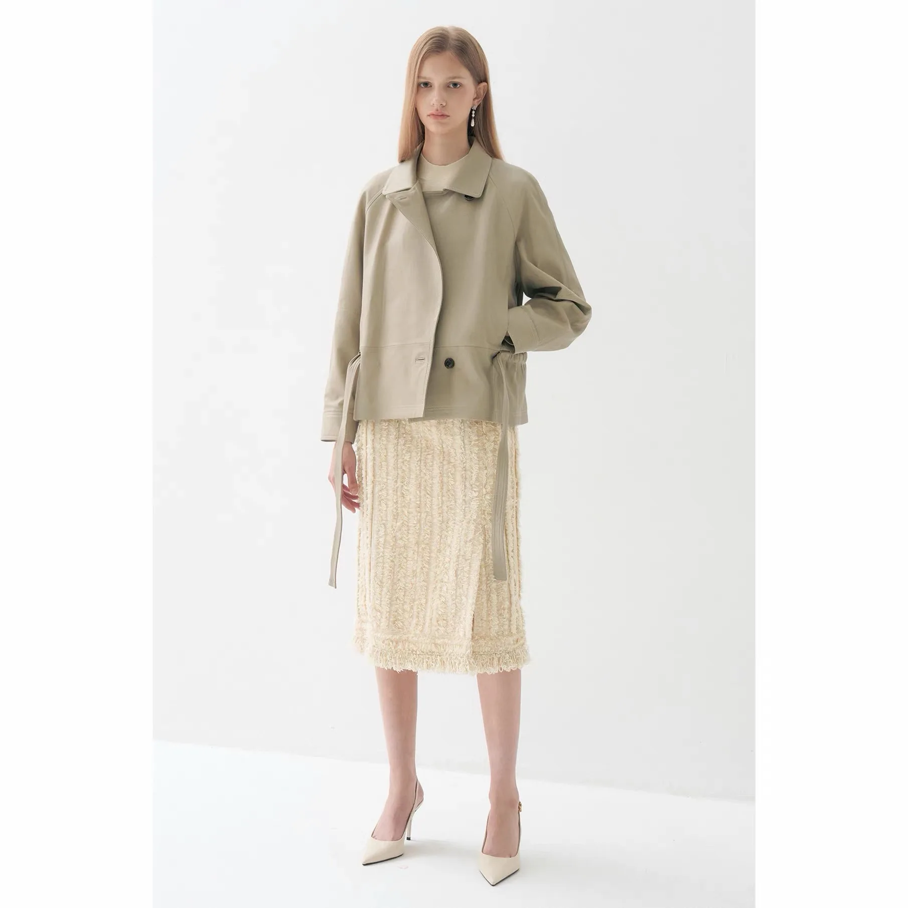 NingYao LAN26 Autumn Short Coat Jacket Leather Outerwear Belted Waist Stand Collar Versatile Commute Style Women's Fashion