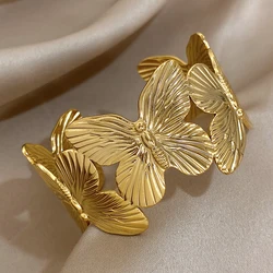 AENSOA Trendy Butterfly Stainless Steel Charm Bracelet for Women Bohemia Gold Color Texture Open Cuff Bangle Boho Summer Jewelry