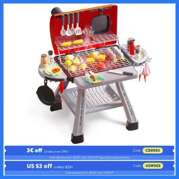 귀여운 돌 어린이 바베큐 그릴 장난감, 주방 플레이 세트, 장난감 주방 액세서리가 포함된 현실적인 연기 바베큐 그릴 플레이 세트.