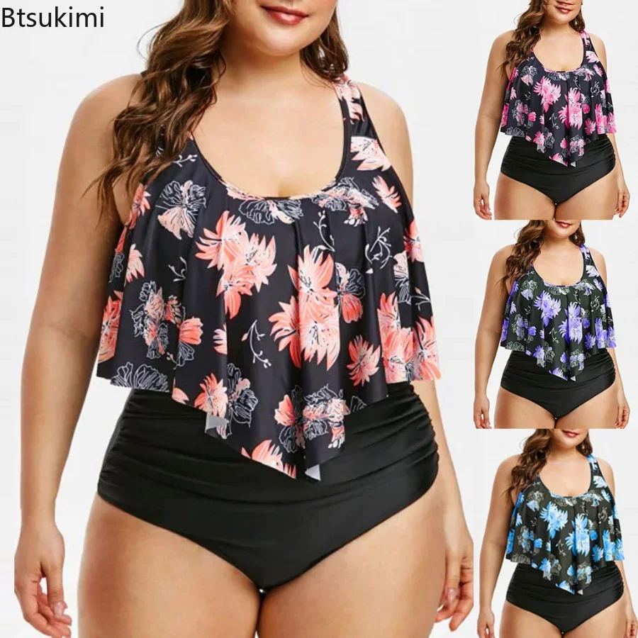 New Summer Swimming Suits for Fat Ladies Slim Two Pieces Swimwear Ruffles Women Printed Beachwear High Waist Bikini Set L-5XL