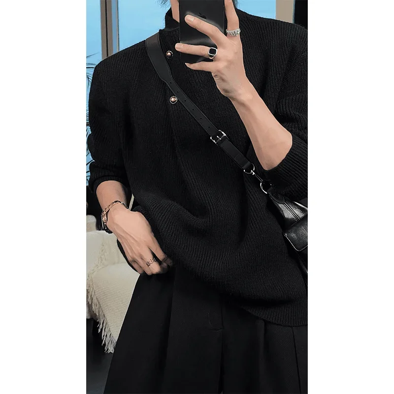 High-end Luxury Design Trend Coats Autumn Winter Knitwear Sweater Men High Neck Button Long Sleeve Pullover Business Casual Tops