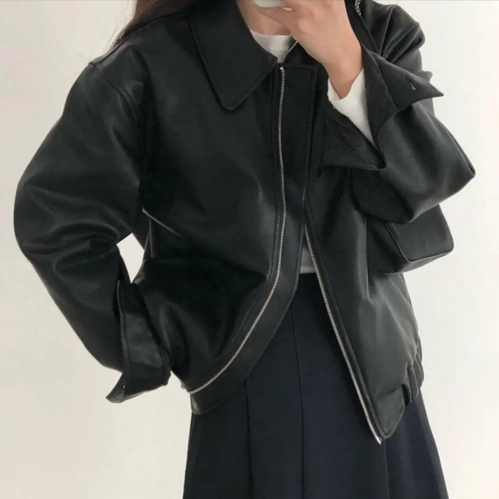 Autumn Winter Faux Leather Jacket Women Smooth Surface Zipper Stretchy Hem Long Sleeves Motorcycle Jacket Coat Travel Outerwear