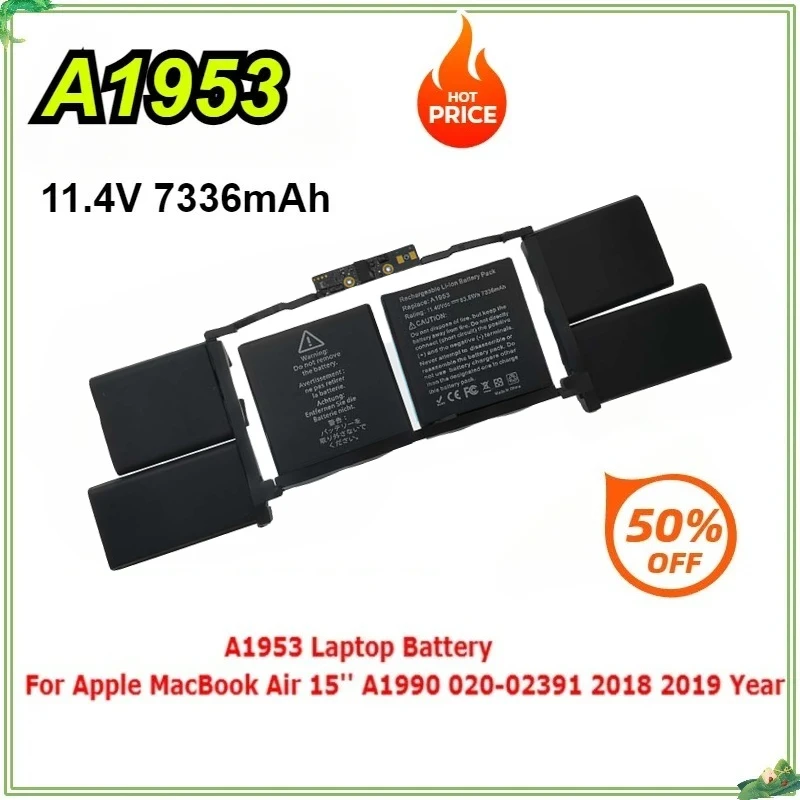 

New A1953 Laptop Battery for Apple MacBook Air 15'' A1990 020-02391 2018 2019 Year Replacement Battery 11.4V 7336mAh Bateria