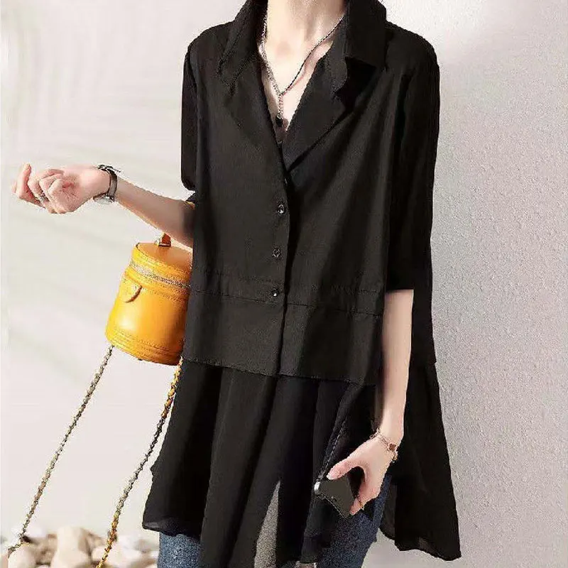 Office Lady Solid Color Spliced Midi Shirt Fake Two Pieces Stylish Turn-down Collar Summer Single-breasted Casual Loose Blouse