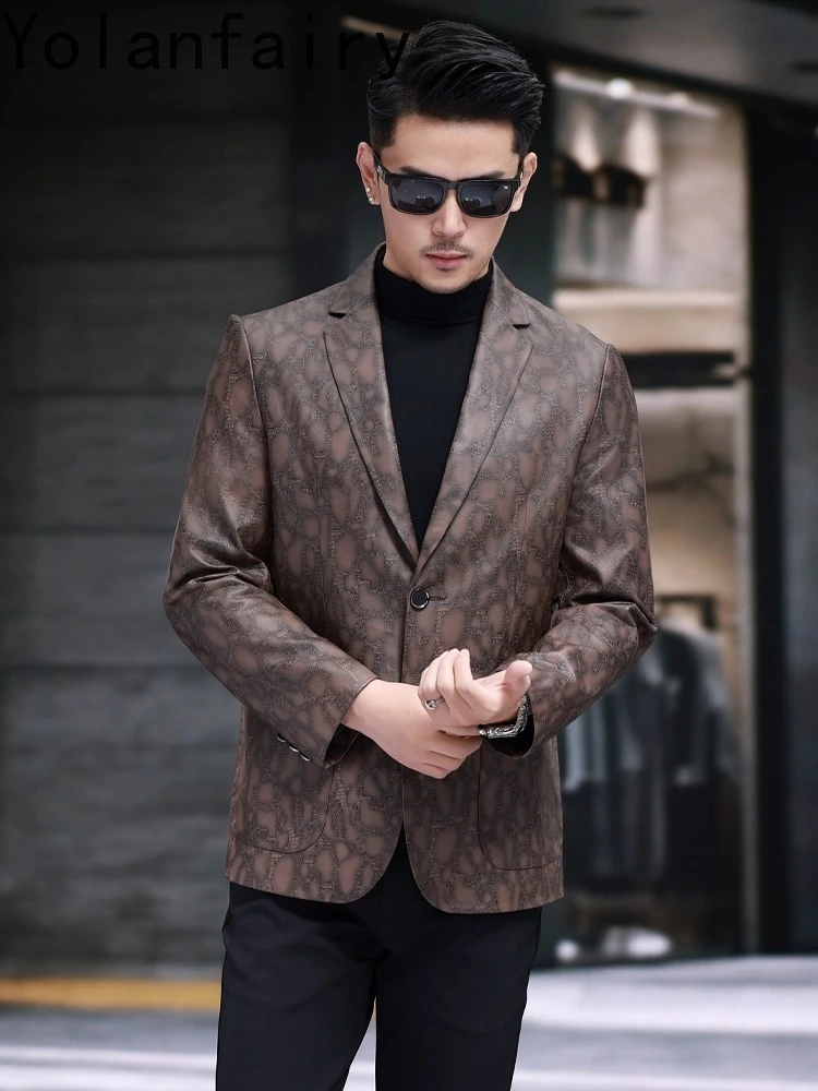 YOLANFAIRY Top Layer Calfskin Leather Jackets Man Slim-fit Suit Coat Fashion 100% Genuine Leather Jacket Men Jaqueta Masculina