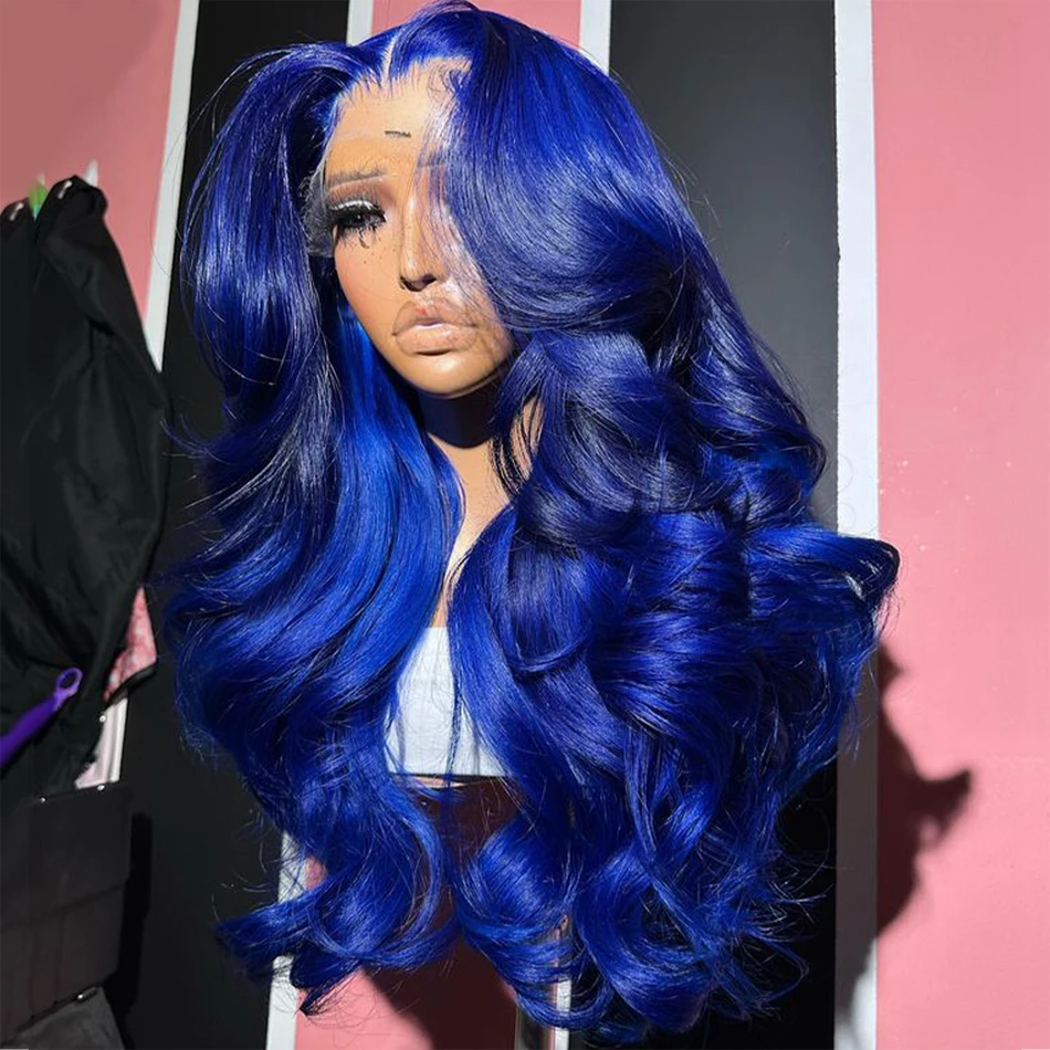 Wig renda depan berwarna biru Royal UNTUK WANITA HITAM 13x4 wig Frontal renda transparan Brasil gelombang tubuh rambut manusia telah ditanami