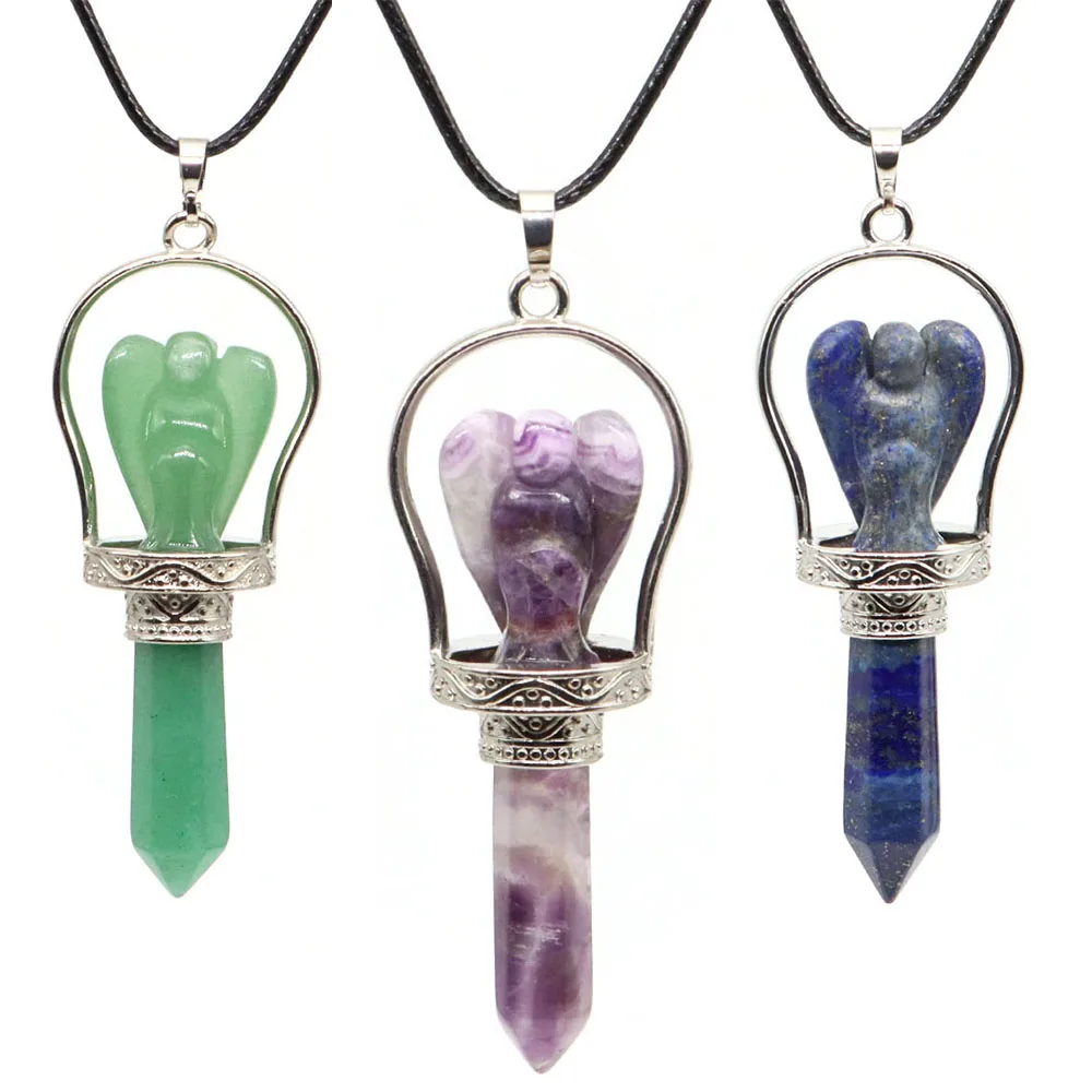 

Guardian Angel Pendant Necklace Natural Stones Hexagonal Point Wand Crystal Reiki Healing Amethyst Fluorite Quartz Jewelry Gifts