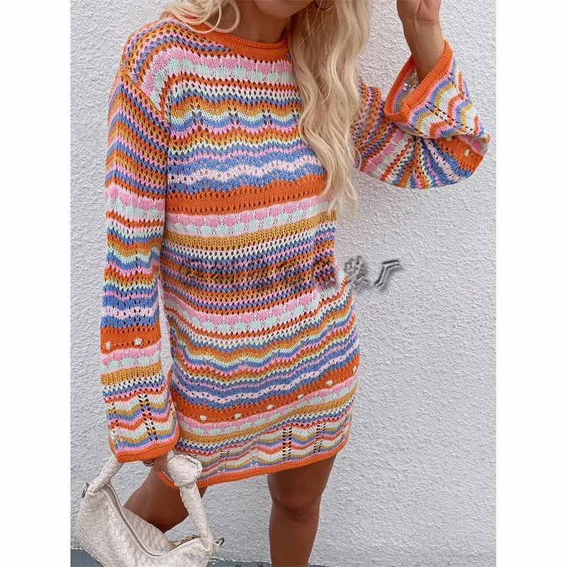 2021 Autumn and Winter Round Neck Bohemian Street Hipster Sweater Women Rainbow Striped Pullover Mid-length Women's Sweater