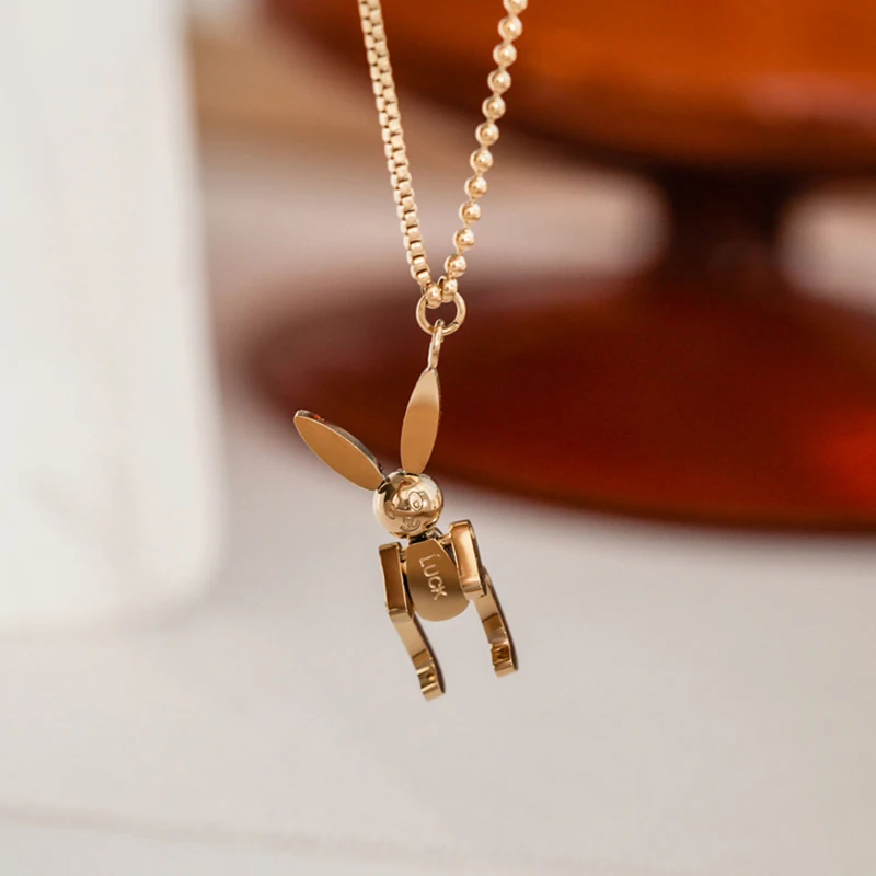 Gold Plated Titanium Mechanical Activity 3D Rabbit Charm Stainless Steel Bunny Luck Pendant Necklace