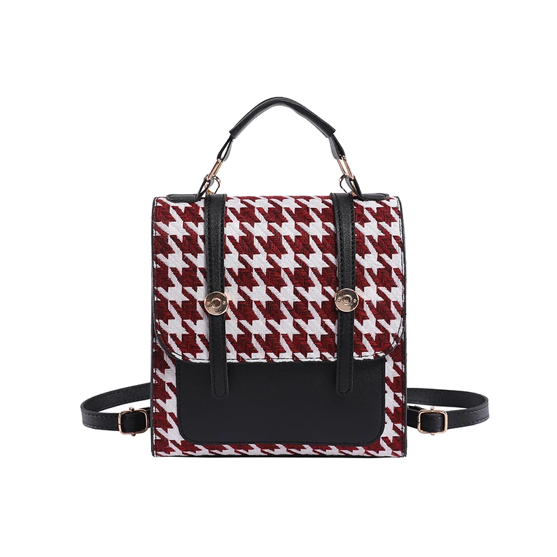 

Ladies Stylish Backpack Korean Girls College Style Houndstooth Leather Shoulder Purse Student Red Plaid Small Rucksack Handbag