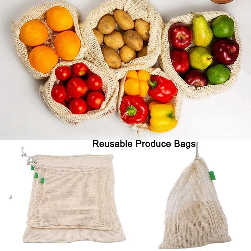 1PC Portable Natural Organic Pure Cotton Mesh Bag Vegetable Fruit Storage Container Household Cotton Bag Storage Drawstring Bags