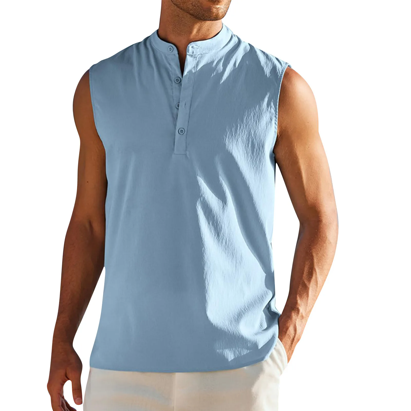 Colete esportivo sem mangas dos homens semi-aberto com botões, camisa de assentamento sólido, tops casuais ao ar livre, todo o jogo, novo