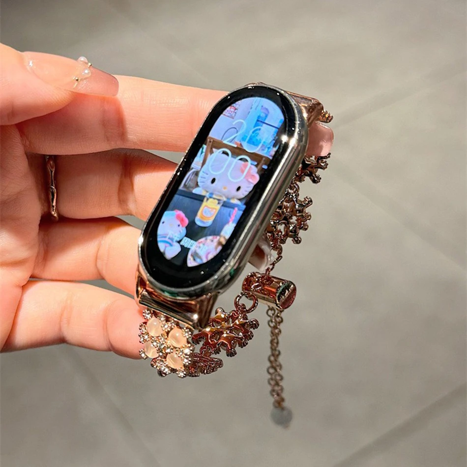 حزام ل Xiaomi Mi Band 9 8 7 Pro Miband 5/6/3/4 فاخر INS بريق حجر الراين الماس الأوبال سلسلة معدنية سوار حزام (استيك) ساعة